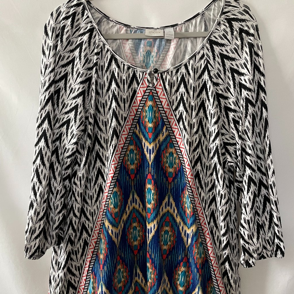 Chico's Womens Multicolor Round Neck Aztec Print Blouse Top Size 3 Us Xlarge